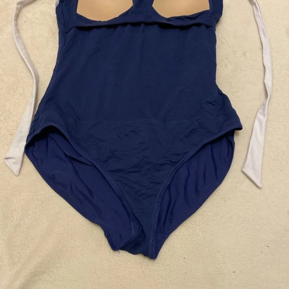 Basic Editions Blue and White Halter One-Piece Swimsuit